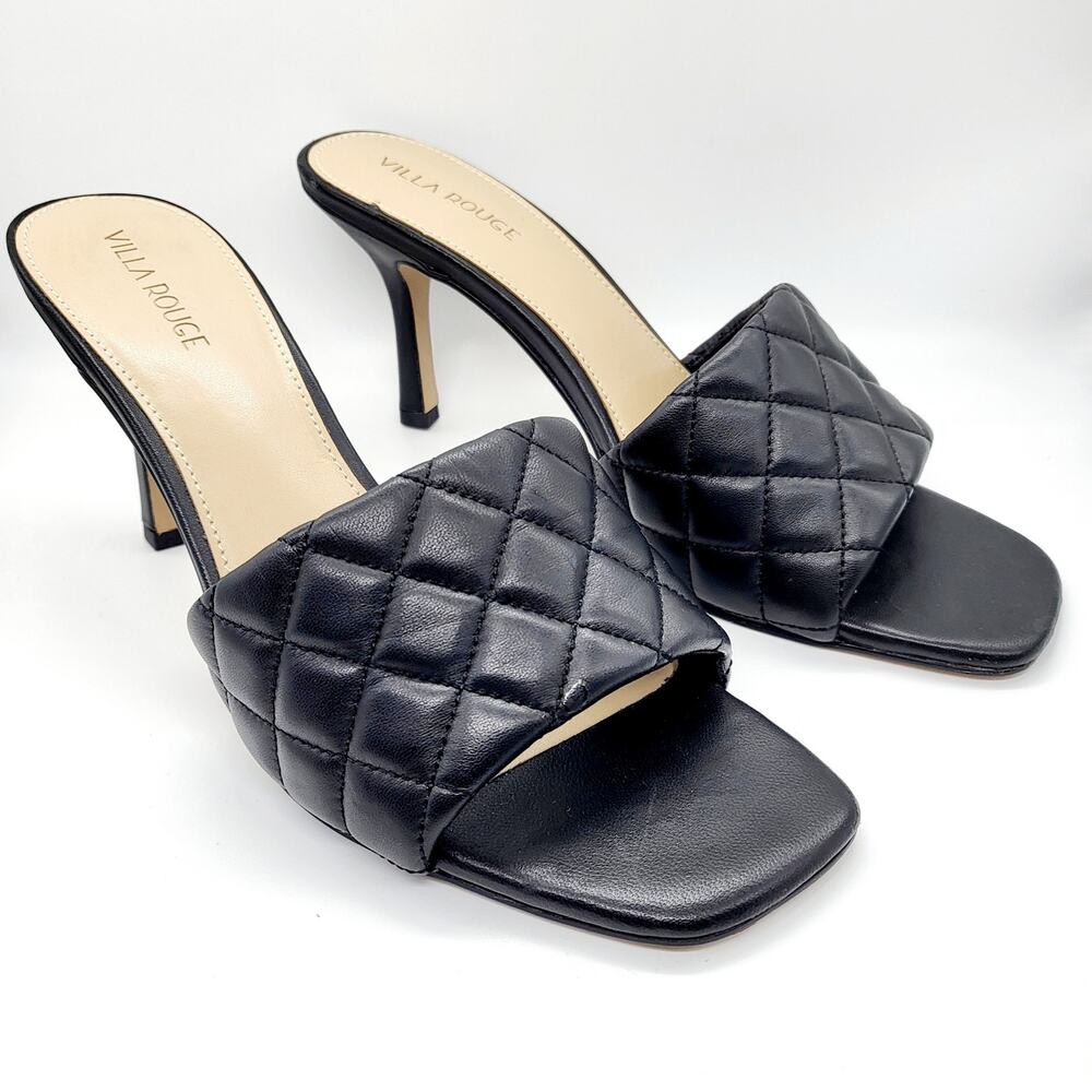Villa Rouge Viva Black Leather Quilted Mule Open Toe Sandal Heels Women's Sz 9.5